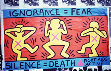 An Act Up poster by Keith Haring on the Lower East Side, New York, December 1989