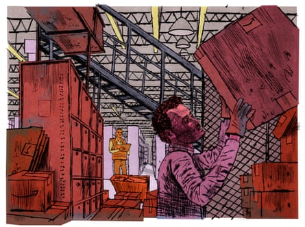 An illustration of a worker handling a box in a warehouse