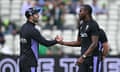 England's Jofra Archer and Mark Wood shake hands ahead of play in the T20 international against Pakistan at Edgbaston.