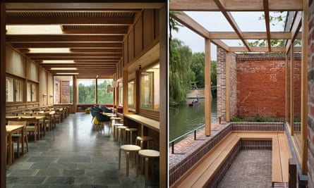 The college’s new waterside cafe, left, and it riverside seating: