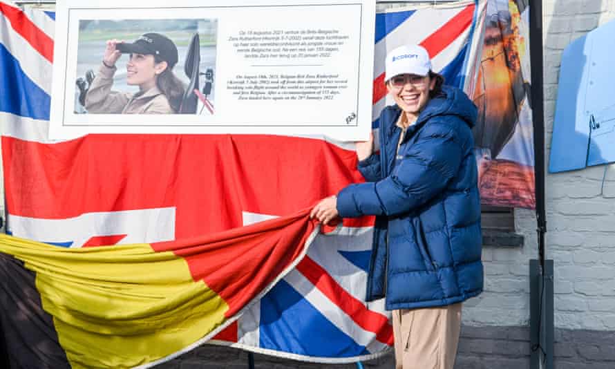 Zara Rutherford, 19, at Kortrijk-Wevelgem airport after becoming the youngest female pilot to circle the planet alone.