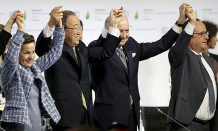 Christiana Figueres, left, UN secretary-general Ban Ki-moon, French foreign secretary Laurent Fabius and French president François Hollande celebrate at the Paris UN climate conference in 2015.