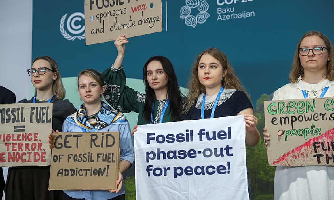 Environmental activists protest against the continued use of fossil fuels during the conference in Baku.