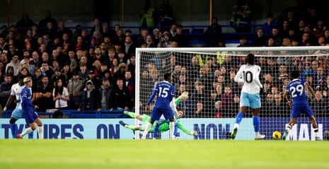 Chelsea’s Mykhaylo Mudryk scores his side’s first goal of the game during the Premier League match against Crystal Palace.