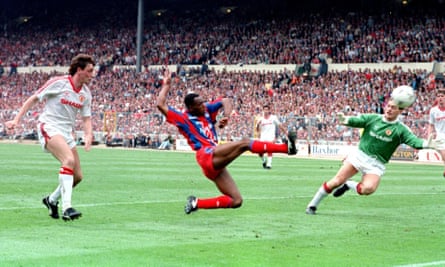 Ian Wright scores his second goal for Palace after coming on as a sub against Manchester United in the 1990 FA Cup final