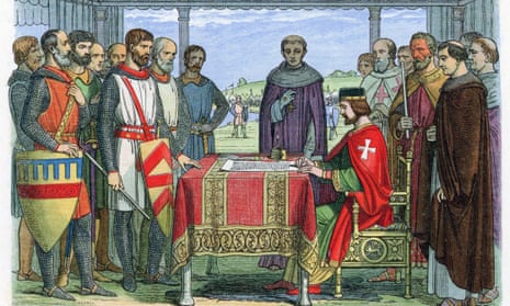 Colour-printed woodcut, 1864, of King John signing the Magna Carta at Runnymede