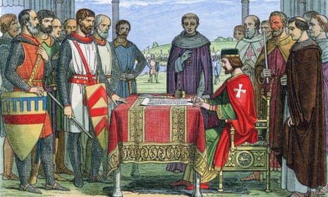 A colour-printed woodcut from 1864 shows King John ratifying Magna Carta at Runnymeade on 15 June 1215. 
