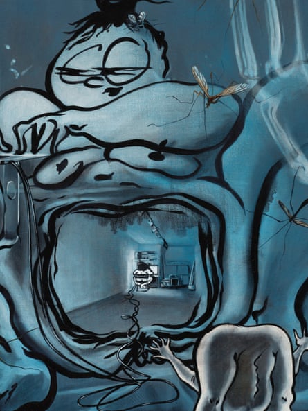 A huge blue cartoon of a naked woman and an image of her coming from between her legs