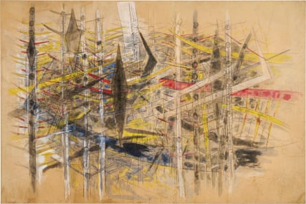 Wifredo Lam. Untitled, 1958. Oil and charcoal on paper mounted on canvas, 96 × 135 ⅞” (244 × 345 cm). Private collection