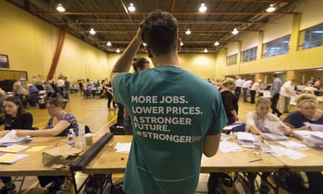 A remain supporter looks on as ballot papers are counted at Llanishen Leisure Centre on June 24, 2016 in Cardiff, Wales.
