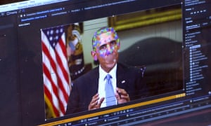 This image made from video of a fake video featuring former President Barack Obama shows elements of facial mapping used in new technology that lets anyone make videos of real people appearing to say things they've never said. There is rising concern that U.S. adversaries will use new technology to make authentic-looking videos to influence political campaigns or jeopardize national security. (AP Photo)