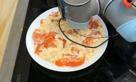 Robot 'tasting' variations of scrambled egg and tomatoes at three stages of the chewing process