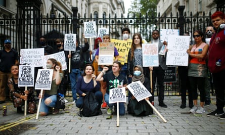 Students outside Downing St protesting against the government’s handling of exam results.