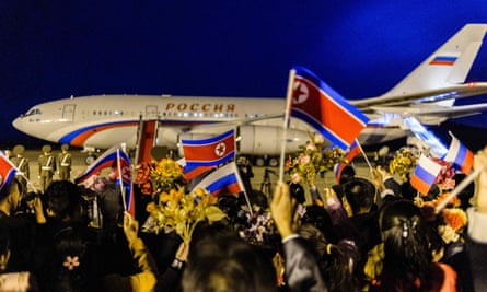 A plane carrying Russia’s foreign minister, Sergei Lavrov, prepares to take off from the airport in Pyongyang.