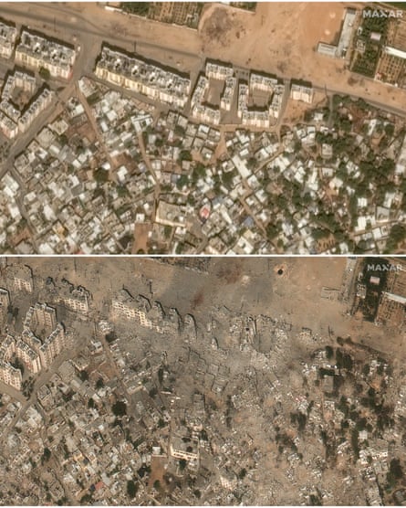 Satellite images of the northern city of Beit Hanoun in Gaza before (10 October) and after (21 October) damage caused by the war.