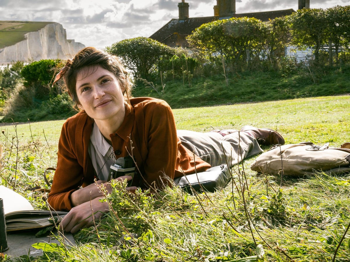 Image is from the film 'Summerland' (2020). A young woman in a burnt orange cardigan lies in a field as she's reading a book.