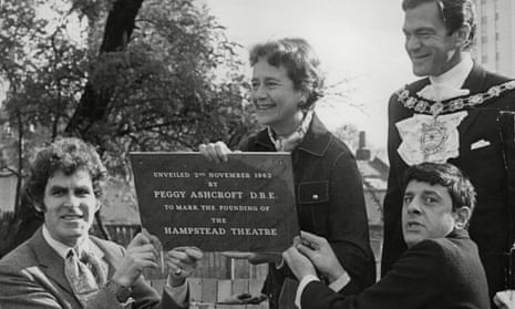 James Roose-Evans, left, the Hampstead theatre associate director Peggy Ashcroft and the director Vivian Matalon display a plaque to mark the opening of the theatre in 1962, as the mayor of Camden, Harold Gould, looks on.