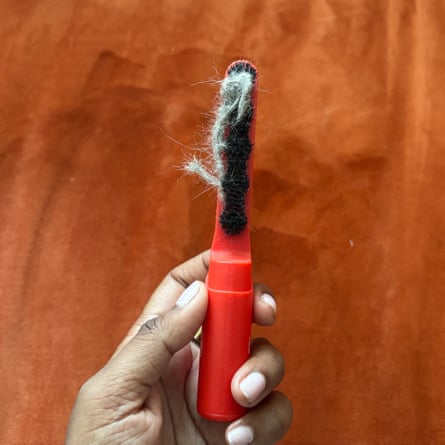 A Lilly Brush Pet Hair Clean-Up Brush and Cap after removing cat hair