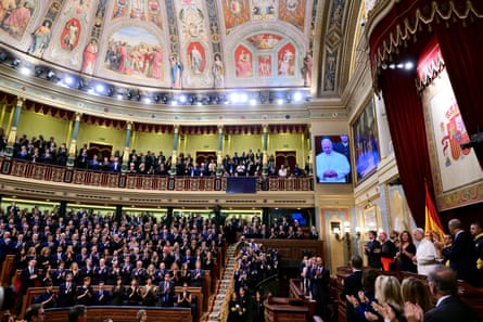 View of people seated in parliament as the pope speaks