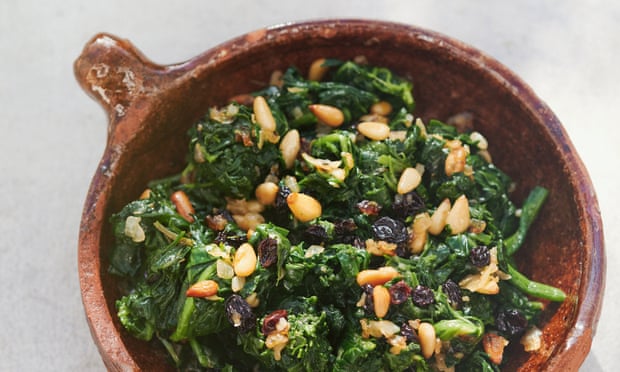 Spinach, pine nuts and sultanas.