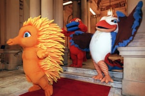 The Sydney 2000 mascots – Millie, Syd and Olly –make a grand entry at their first public appearance.