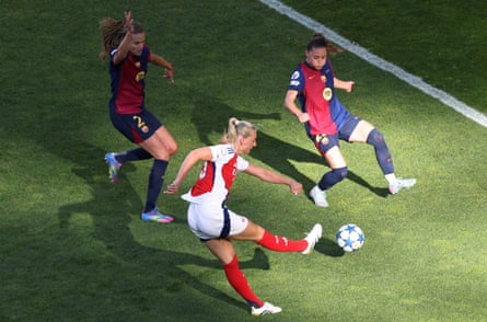 Arsenal’s Stina Blackstenius scores the only goal of the Women’s Champions League final in Lisbon.