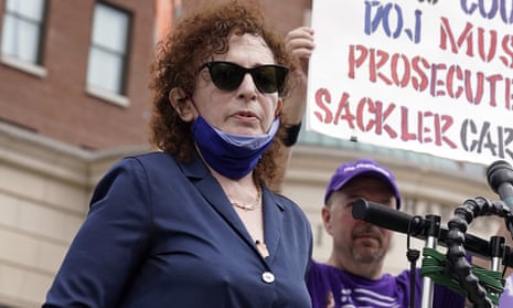 Nan Goldin speaks during a protest in front of the courthouse where the Purdue Pharma bankruptcy is taking place, in White Plains, NY, in August 2021