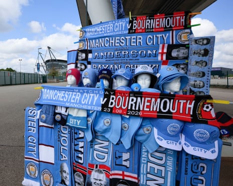 Matchday scarves for sale before the Premier League match between Manchester City and Bournemouth