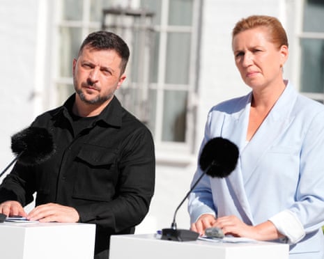 Danish prime minister Mette Frederiksen (L) and Ukrainian President Volodymyr Zelenskyy (R) attends a press conference after a meeting with the leaders of Nordic-Baltic Eight (NB8) countries to discuss further support for Ukraine at Marienborg, the Danish prime minister's official residence, near Copenhagen.