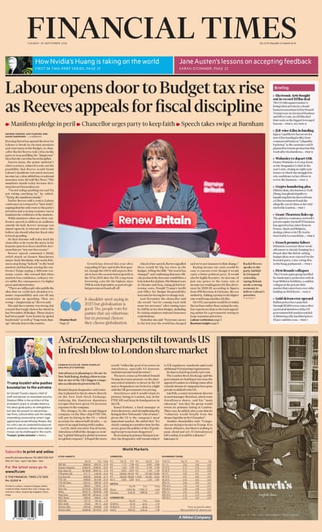 The front page of the Financial Times, with a headline reading ‘Labour opens door to Budget tax rise as Reeves appeals for fiscal discipline’