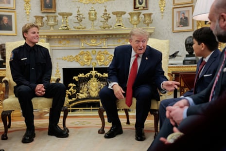 Donald Trump hosts 16-year-old lifeguard Ryder Williams, who saved 10-year-old Nathaniel Rai off the coast of Santa Cruz, California, last month, in the Oval Office.