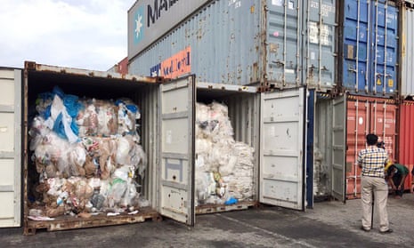 Containers loaded with plastic waste placed at Sihanoukville port in Cambodia, on 16 July. 