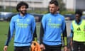Arsenal Training Session<br>LONDON COLNEY, ENGLAND - MARCH 26: (L-R) Mo Elneny and Ben White of Arsenal before a training session at Sobha Realty Training Centre on March 26, 2024 in London Colney, England.  (Photo by Stuart MacFarlane/Arsenal FC via Getty Images)