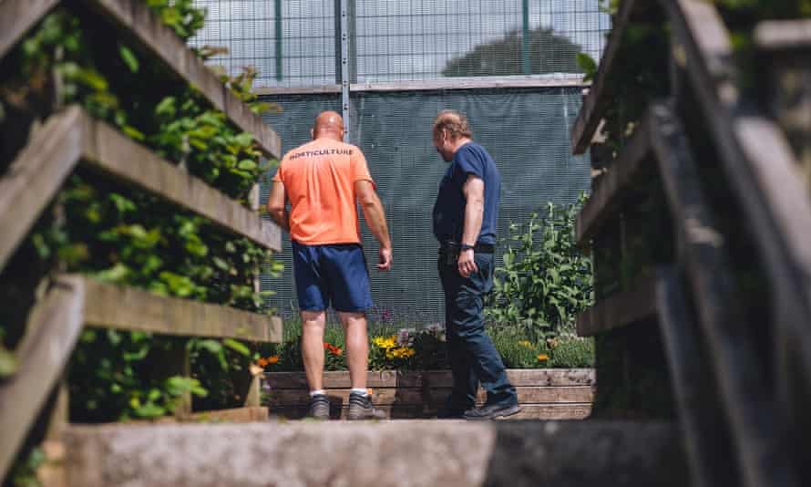 An inmate and staff member work in the HMP Parc gardens.