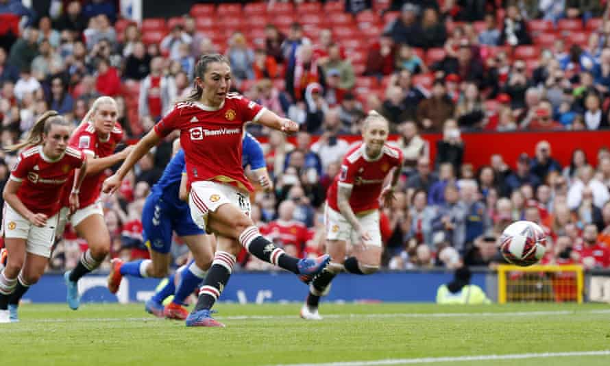 Manchester United’s Katie Zelem scores from the penalty spot.