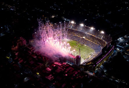 An aerial view of La Bombonera as fireworks welcome the teams to the pitch before the Copa Libertadores semi-final second leg.