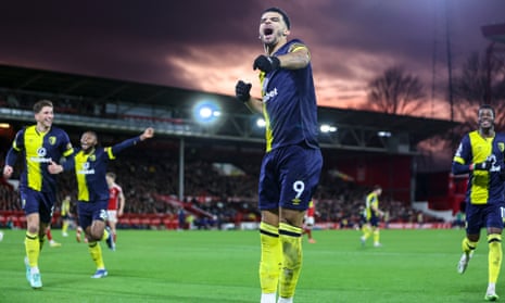 Dominic Solanke celebrates after scoring to make it 2-1 at Nottingham Forest.