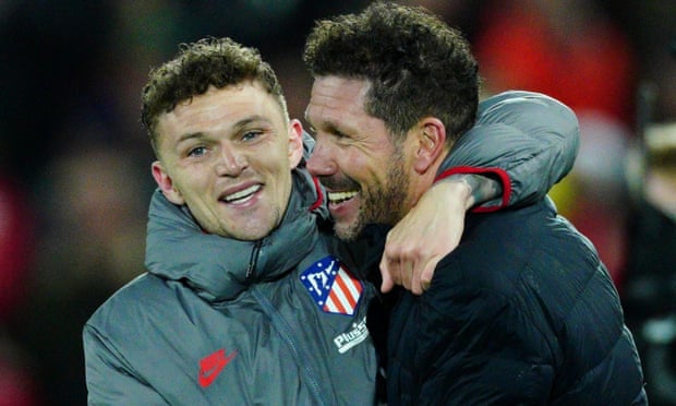 Kieran Trippier (left) and Diego Simeone celebrate after beating Liverpool at Anfield on Wednesday night. 