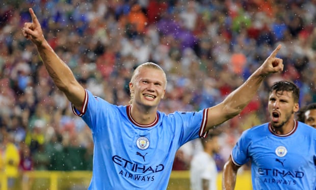 Erling Haaland celebrates after scoring for Manchester City in last Sunday’s pre-season game against Bayern Munich.