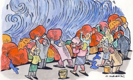 Illustration, of people building sandbag wall to stem blue wave, by Andrzej Krauze