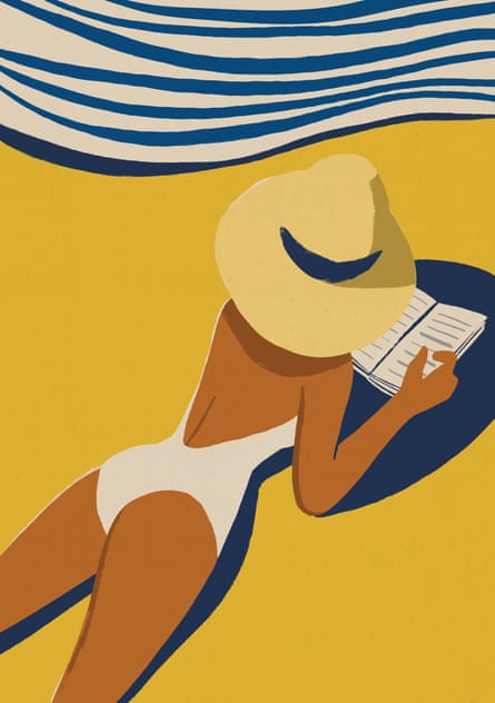 Illustration of a woman in a sun hat lying on a beach reading