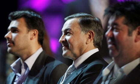The Russian real estate developer Aras Agalarov, centre, stands with his son, singer Emin Agalarov, and publicist Rob Goldstone, right, during a news conference with Donald Trump (not in photo) following the 2013 Miss USA pageant in Las Vegas, Nevada.