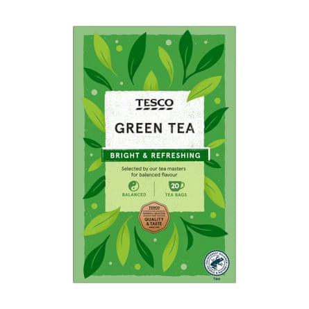 A green Tesco Green Tea box with leaf illustrations reads “Bright & Refreshing”