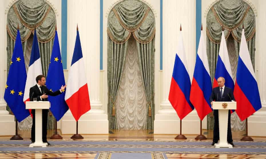 Vladimir Putin and Emmanuel Macron. The Kremlin said the Russian president had expressed serious concern over the sharp deterioration of the situation on the line of contact in Donbas.