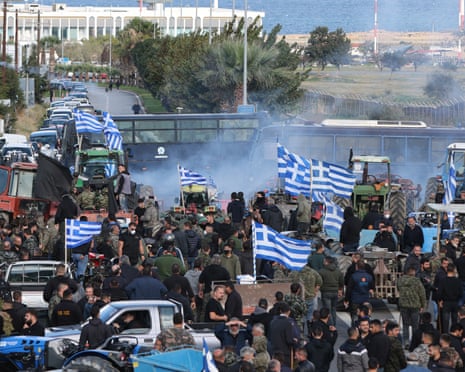 Hundreds of farmers take over Heraklion Airport in Crete, Greece.