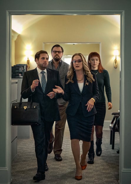 Jason Orlean (Jonah Hill), Randall Mindy (Leonardo DiCaprio), President Orlean (Meryl Streep) and Kate Dibiasky (Jennifer Lawrence) in Don’t Look Up