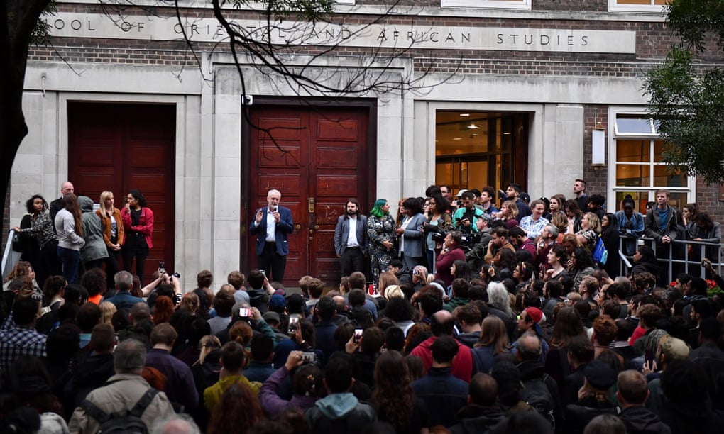 Jeremy Corbyn addresses a ‘Keep Corbyn’ rally at the School of Oriental and African Studies, London.