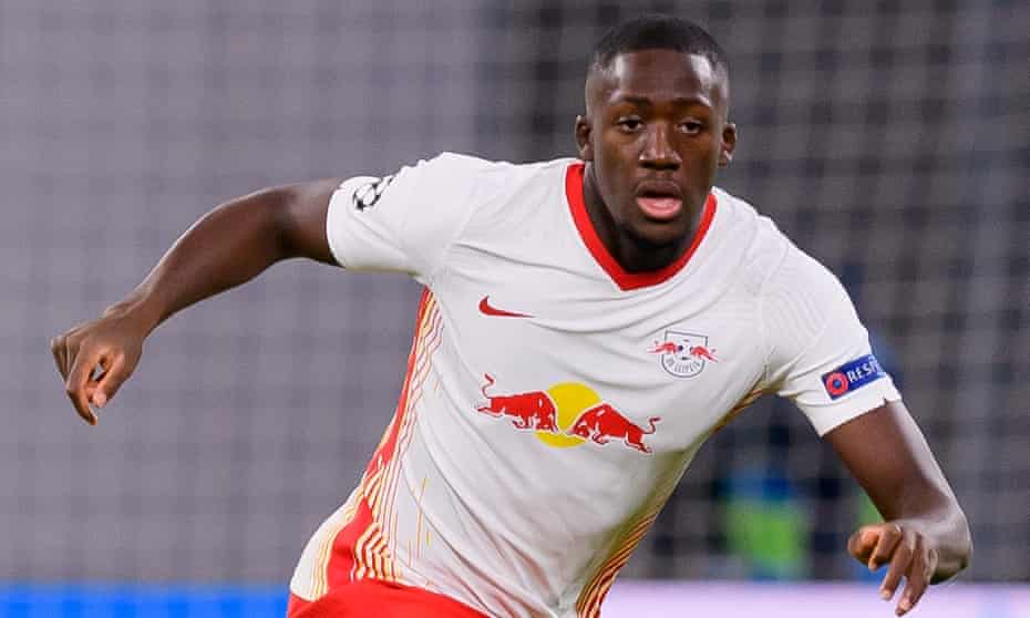 Ibrahima Konaté in action for RB Leipzig against Manchester United in the Champions League last December.
