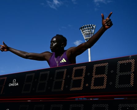 Gout Gout celebrates his national record time of 19.67sec in the men’s 200m final at the 2026 Australian Athletics Championships