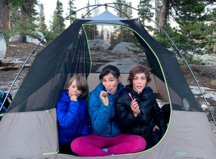 Herbie, Jemima and Artley at bedtime on their last night on the trail in Yosemite National Park.